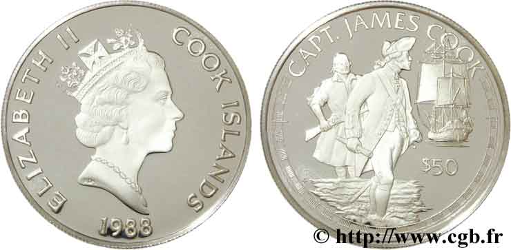 ÎLES COOK  50 Dollars ‘proof’ Elisabeth II / grands explorateurs capitaine James Cook 1988  FDC 