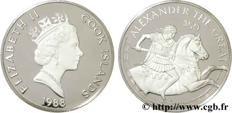 ÎLES COOK  50 Dollars ‘proof’ Elisabeth II / grands explorateurs Alexandre le grand à cheval 1988  FDC 