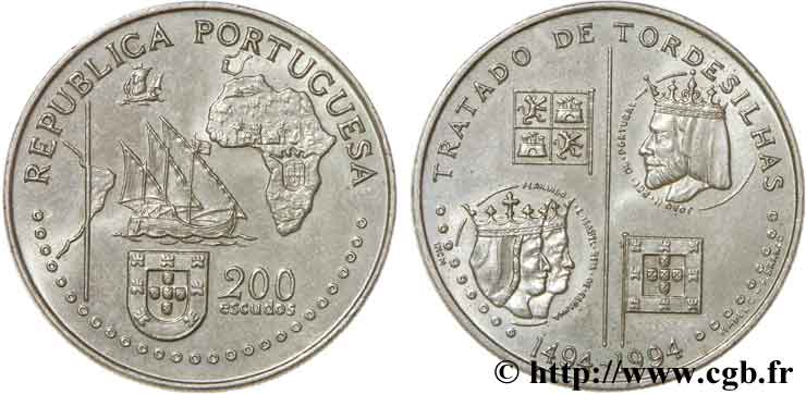 PORTUGAL 200 Escudos Traité de Tordesillas en 1494 1994  AU 