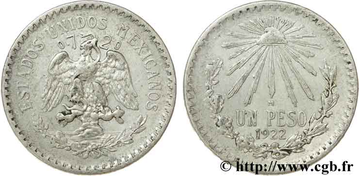 MEXIQUE 1 Peso aigle / bonnet phrygien et rayons 1922 Mexico TTB 