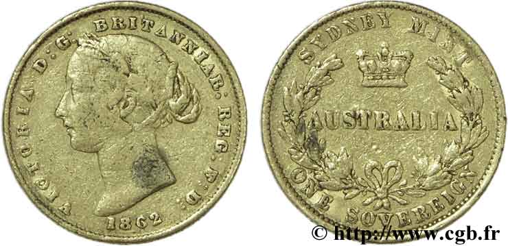 AUSTRALIE 1 Souverain OR reine Victoria / couronne entre deux branches d’olivier 1862 Sydney - S TB25 