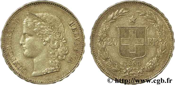 SUISSE 20 Francs or buste diadémé d Helvetia 1895 Berne TTB54 