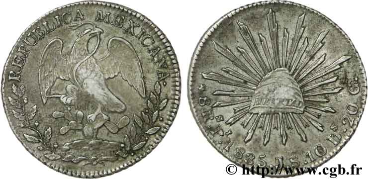 MEXIQUE 8 Reales Aigle / bonnet phrygien sur soleil JS 1835 San Luis Potosi TTB 