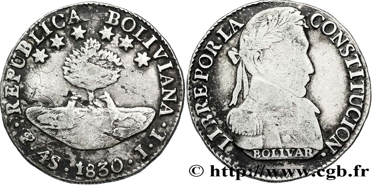 BOLIVIE 4 Soles portrait de Bolivar lauré / lamas sous palmier 1830 Potosi TB 