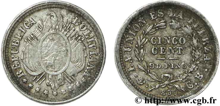 BOLIVIE 5 Centavos emblème 1890 Potosi SUP 