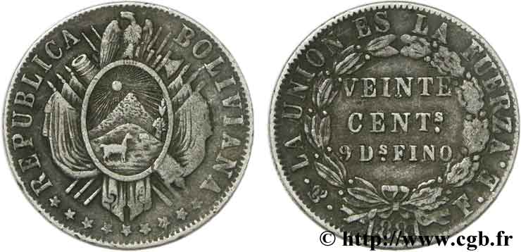 BOLIVIE 20 Centavos emblème 1881 Potosi TTB 