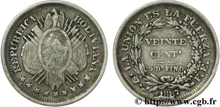 BOLIVIE 20 Centavos emblème 1887 Potosi TB+ 