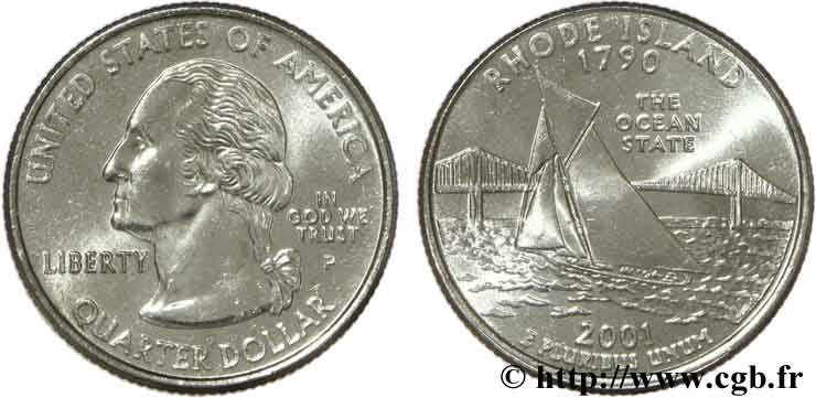 ÉTATS-UNIS D AMÉRIQUE 1/4 Dollar Rhode Island :  The Ocean state  Narragansett Bay et le pont de Pell 2001 Philadelphie SPL 