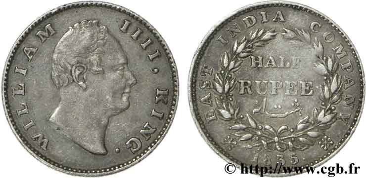 INDES BRITANNIQUES 1/2 Roupie East India Company William IV variété avec lettre F incuse 1835 Calcutta TTB+ 