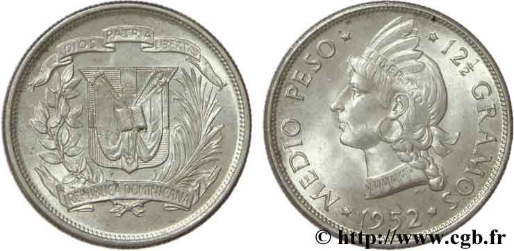 RÉPUBLIQUE DOMINICAINE 1/2 Peso emblème / princesse tainos 1952  SUP 