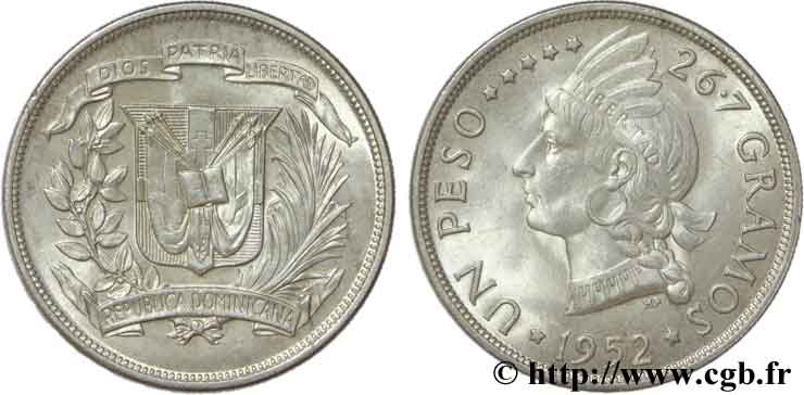 RÉPUBLIQUE DOMINICAINE 1 Peso emblème / princesse tainos 1952  SUP 