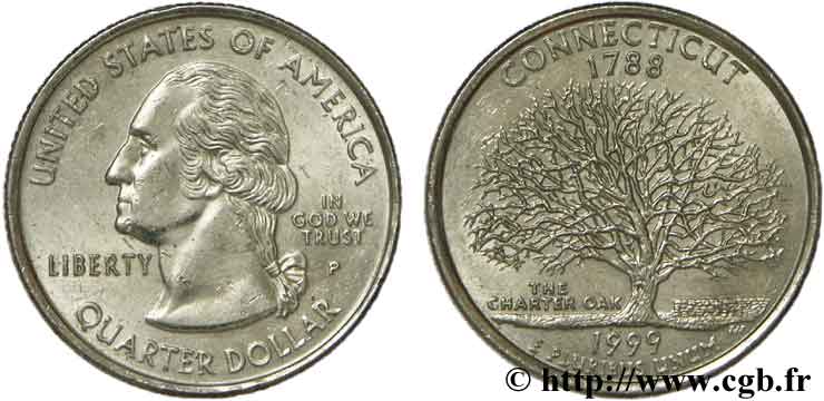 ÉTATS-UNIS D AMÉRIQUE 1/4 Dollar Connecticut : chêne  The Charter Oak  1999 Philadelphie - P SUP 