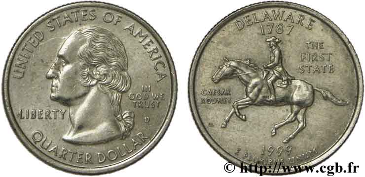 ÉTATS-UNIS D AMÉRIQUE 1/4 Dollar Delaware : Caesar Rodney à cheval 1999 Denver SUP 