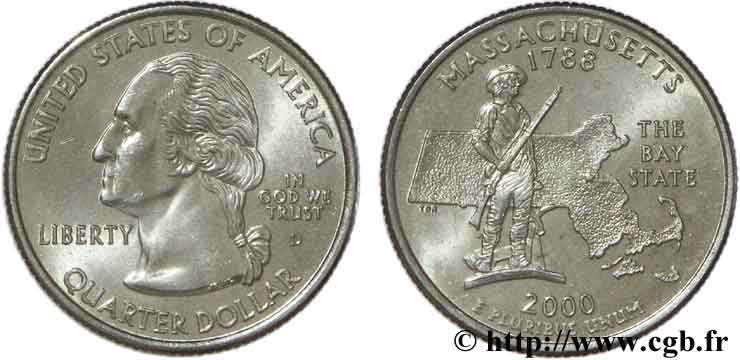 ÉTATS-UNIS D AMÉRIQUE 1/4 Dollar Massachusetts : statue du “Minuteman” du National Historical Park de Concord et carte de l’état 2000 Denver SUP 