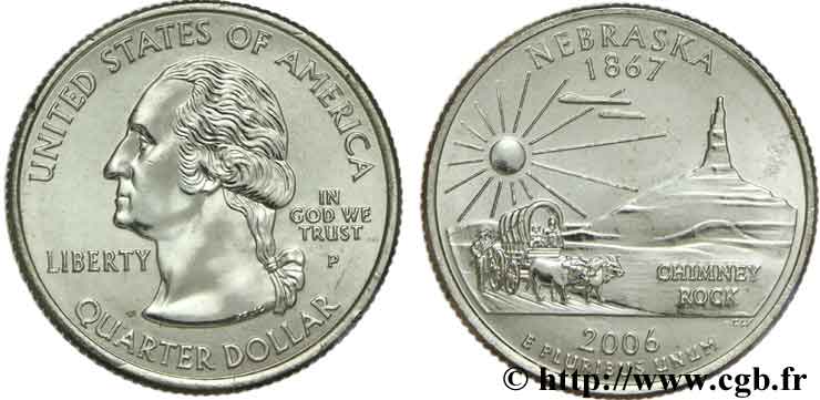 ESTADOS UNIDOS DE AMÉRICA 1/4 Dollar Nebraska : chariot de pionniers tiré par des boeufs, ‘Chimney Rock’ 2006 Philadelphie SC 