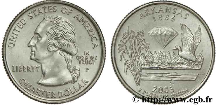 ÉTATS-UNIS D AMÉRIQUE 1/4 Dollar Arkansas : plant de riz, canard et diamant 2003 Philadelphie SPL 