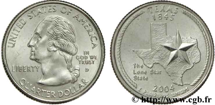ÉTATS-UNIS D AMÉRIQUE 1/4 Dollar Texas : étoile et limites de l’état 2004 Denver SPL 