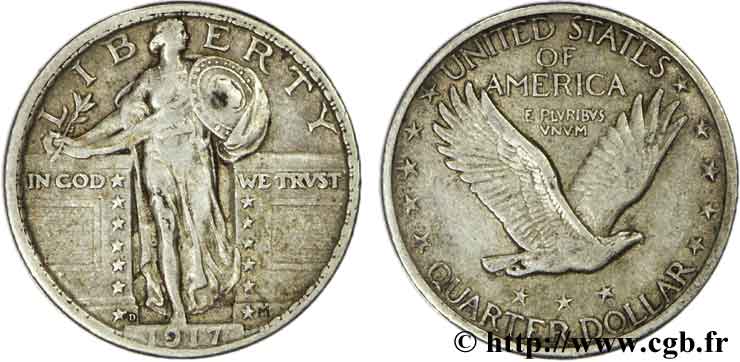 ÉTATS-UNIS D AMÉRIQUE 1/4 Dollar Liberté debout / aigle 1917 Denver TB+ 