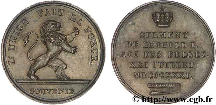 BELGIQUE Médaille du serment de Léopold Ier  XXI juillet  MDCCCXXXI, lion 1831  SPL 