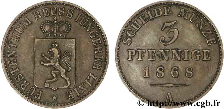 ALLEMAGNE - REUSS 3 Pfennige Principauté du Fürstentum Reuss, blason 1868  TTB 