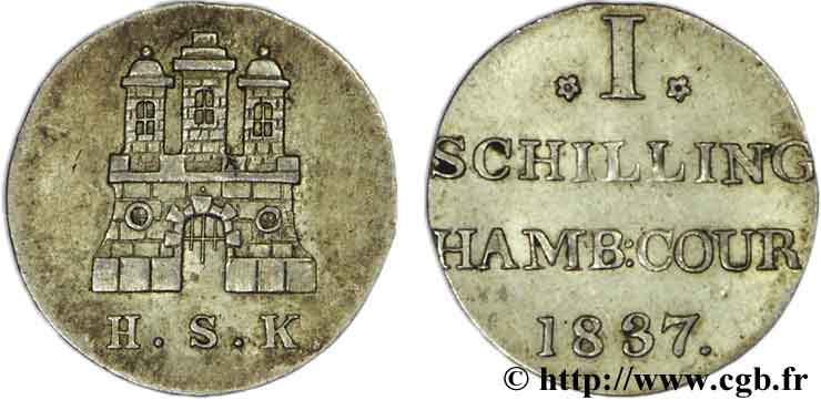 ALLEMAGNE - VILLE LIBRE DE HAMBOURG 1 Schilling Ville de Hambourg emblème 1837  SUP 