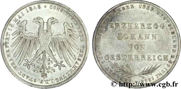 ALLEMAGNE - VILLE LIBRE DE FRANCFORT 2 Gulden élection de Jean Archiduc d’Autriche 1848  SUP 