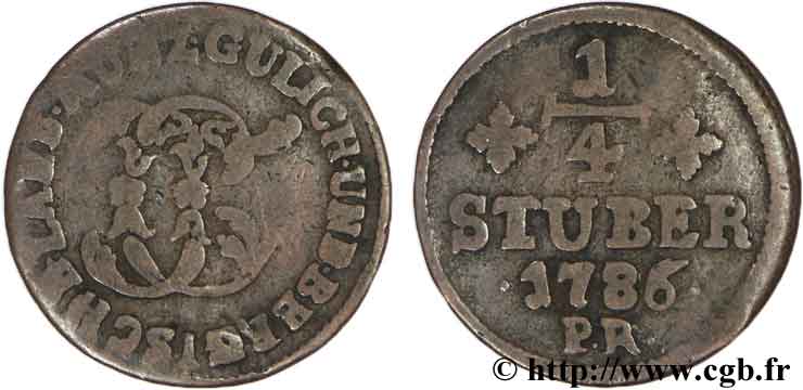 ALLEMAGNE - JULIERS-BERG 1/4 Stuber Duché de Jülich-Berg monograme de Charles Théodore de Bavière 1786 Düsseldorf B+ 