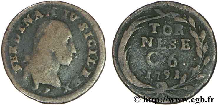 ITALIE - ROYAUME DE NAPLES 1 Tornese (6 Cavalli) Ferdinand IV roi de Naples 1791  B 