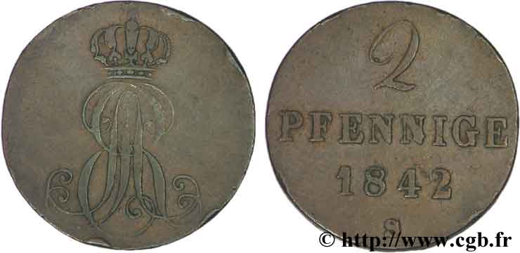 ALLEMAGNE - HANOVRE 2 Pfennige Royaume de Hanovre monograme EAR (roi Ernest-Auguste) 1842  TTB 