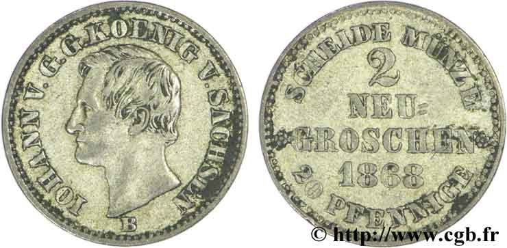 ALLEMAGNE - SAXE 2 Neu-Groschen Thaler Royaume de Saxe : roi Jean 1868 TTB