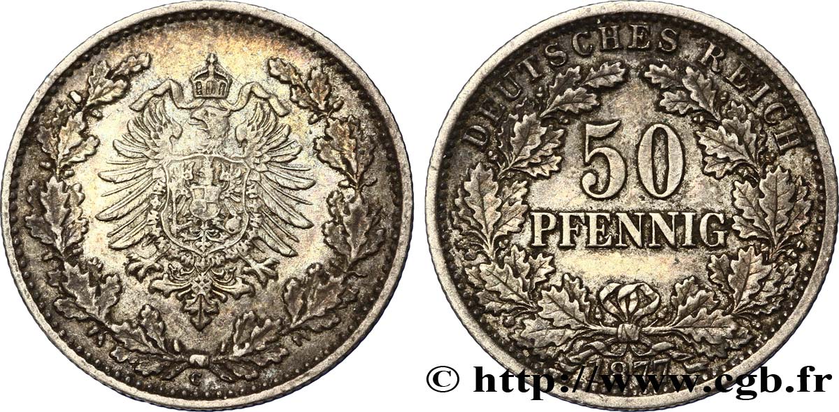 ALLEMAGNE 50 Pfennig Empire aigle impérial 1877 Francfort - C SUP 