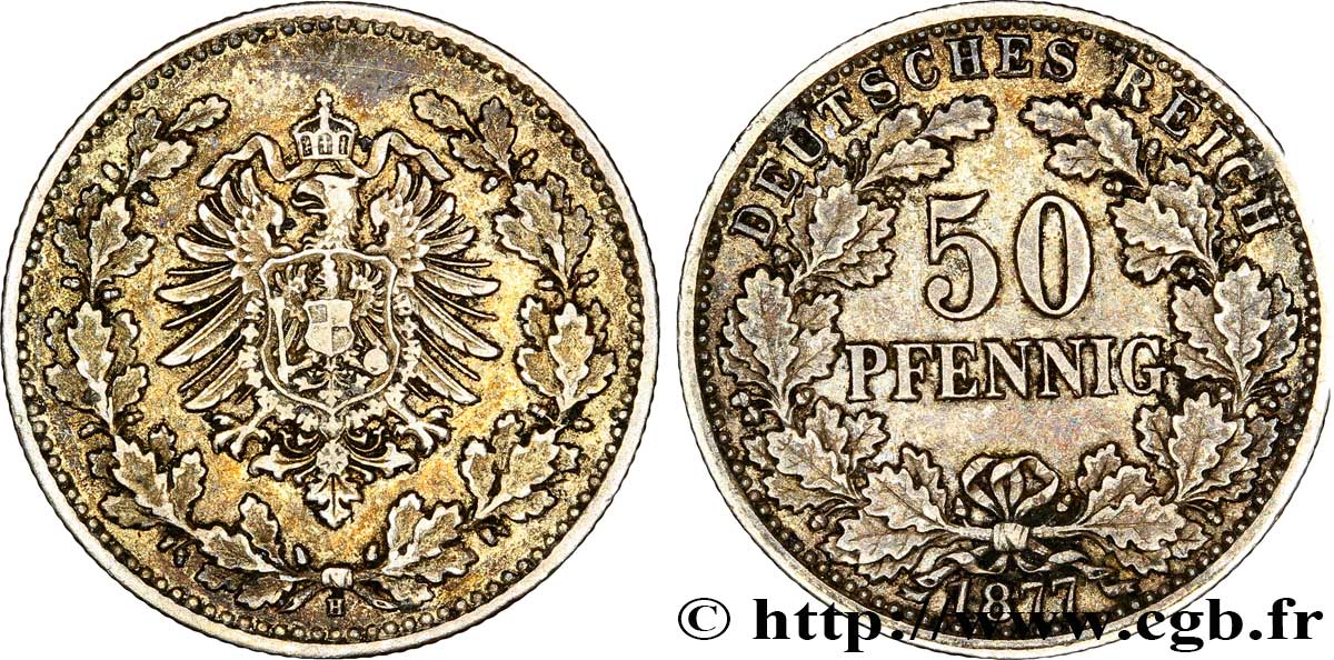 ALLEMAGNE 50 Pfennig Empire aigle impérial 1877 Darmstadt - H TTB 