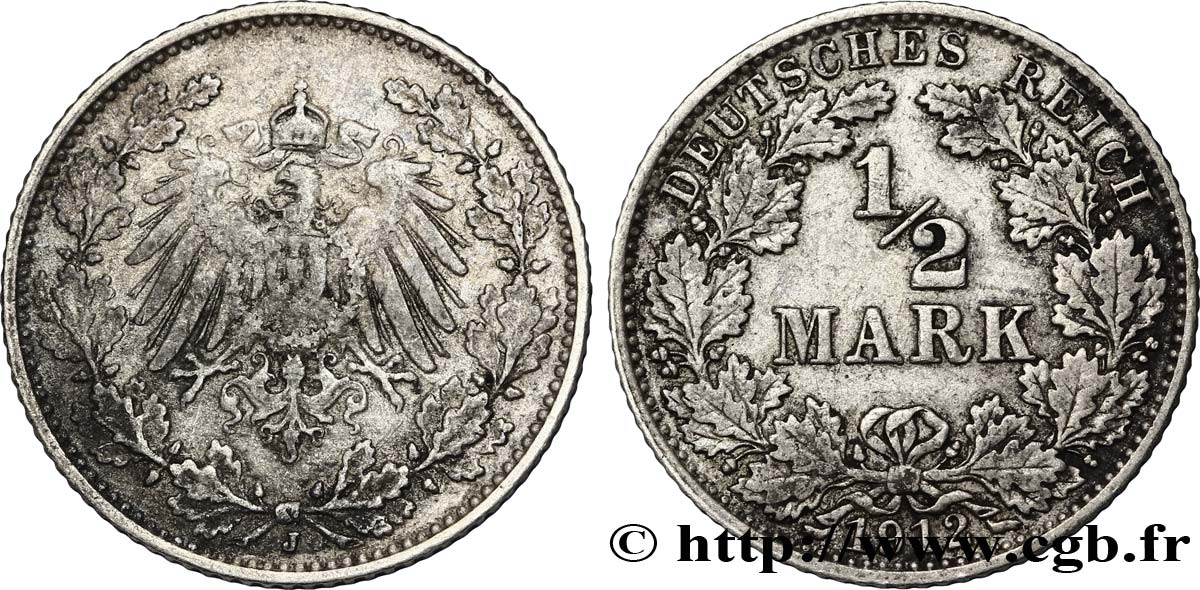 ALLEMAGNE 1/2 Mark Empire aigle impérial 1912 Hambourg - J SPL 