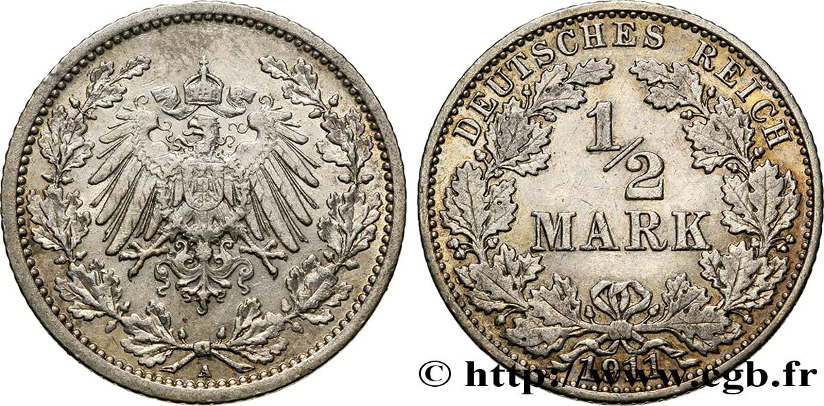 ALEMANIA 1/2 Mark Empire aigle impérial 1911 Berlin EBC 