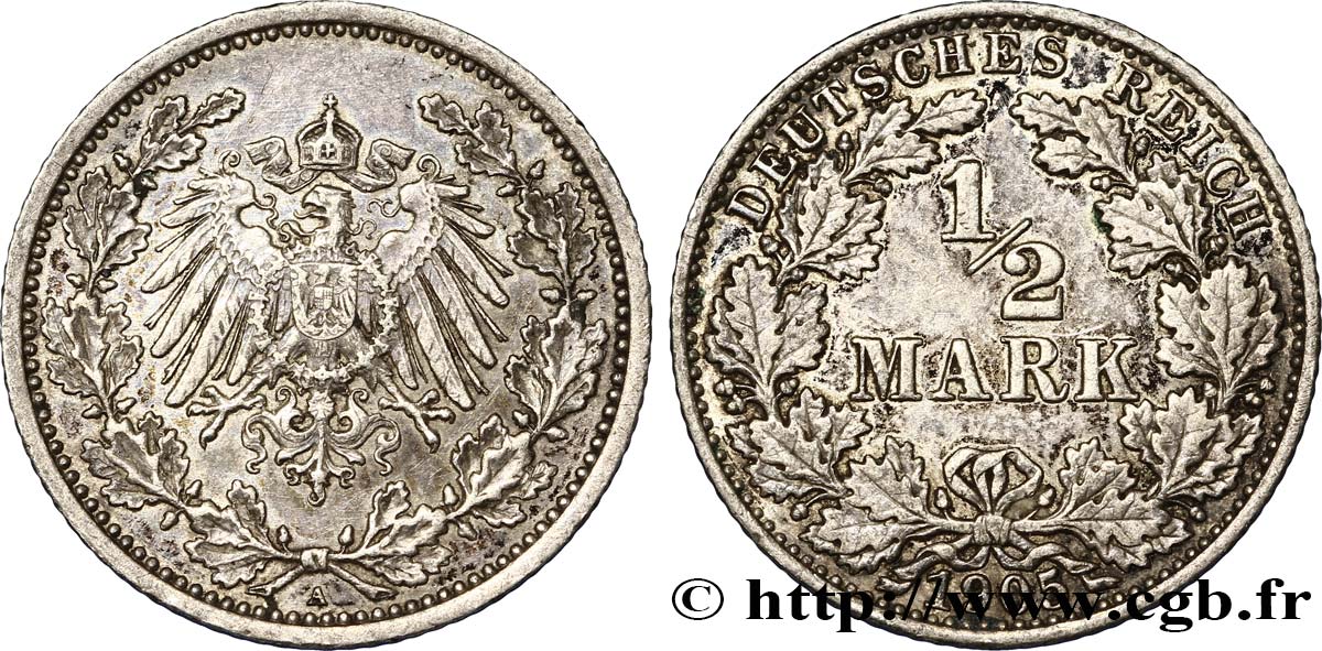 ALLEMAGNE 1/2 Mark Empire aigle impérial 1905 Berlin SUP 