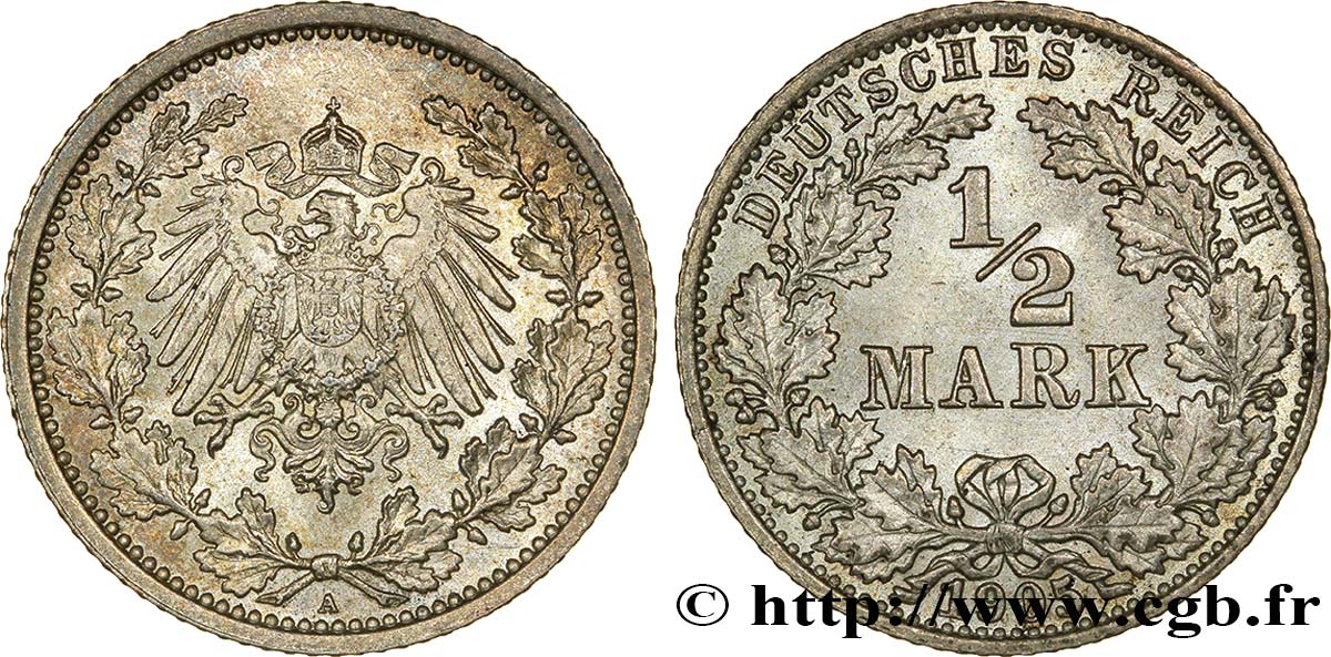 GERMANIA 1/2 Mark Empire aigle impérial 1905 Berlin MS 