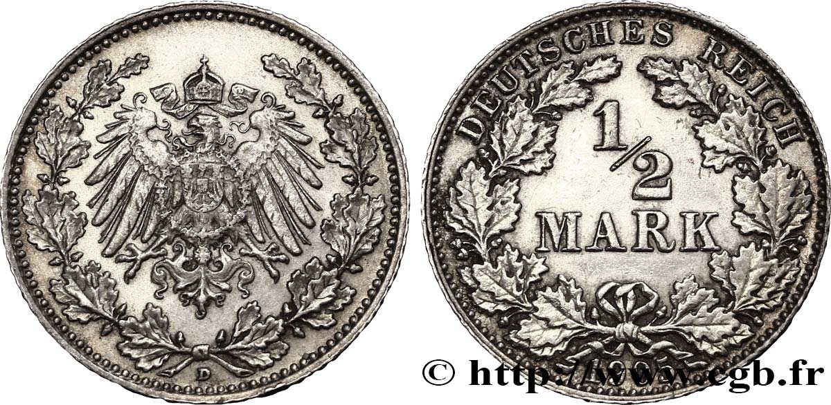 GERMANY 1/2 Mark Empire aigle impérial 1905 Munich AU 