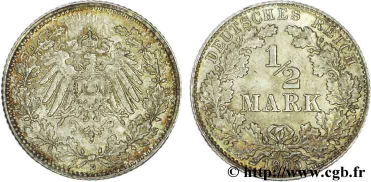 ALLEMAGNE 1/2 Mark Empire aigle impérial 1905 Munich - D SPL 