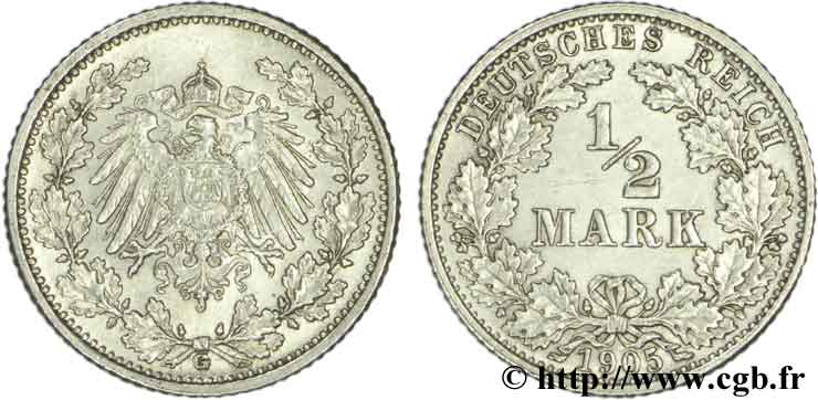 ALLEMAGNE 1/2 Mark Empire aigle impérial 1905 Karlsruhe - G SUP 