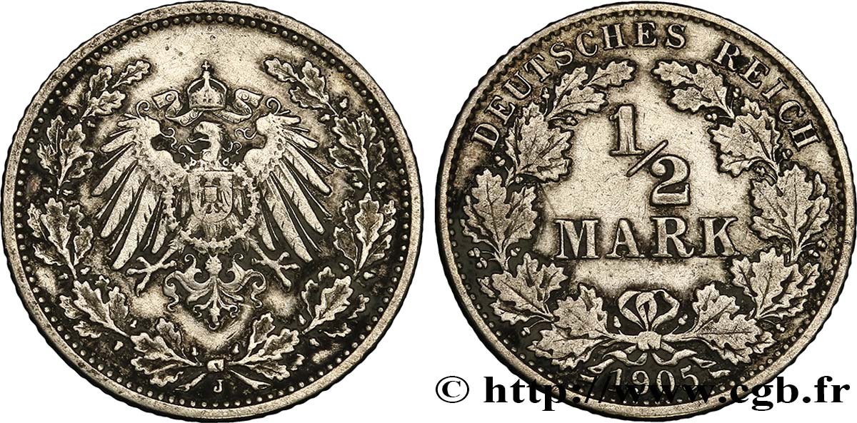 GERMANY 1/2 Mark Empire aigle impérial 1905 Hambourg XF 