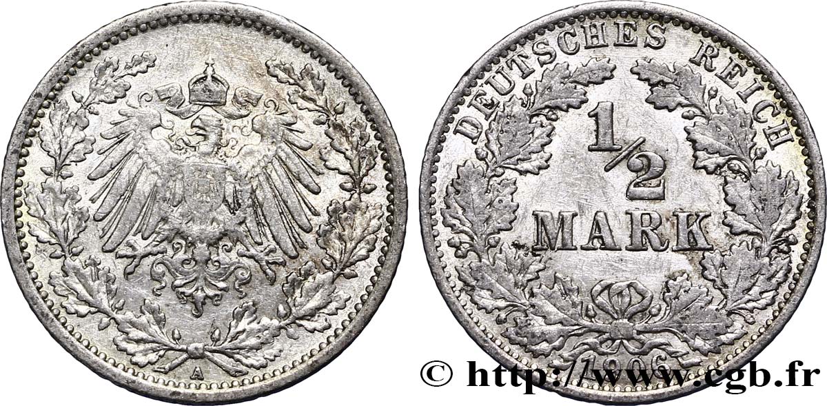 GERMANY 1/2 Mark Empire aigle impérial 1906 Berlin AU 