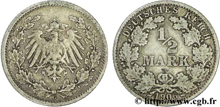 ALLEMAGNE 1/2 Mark Empire aigle impérial 1906 Karlsruhe - G TTB 