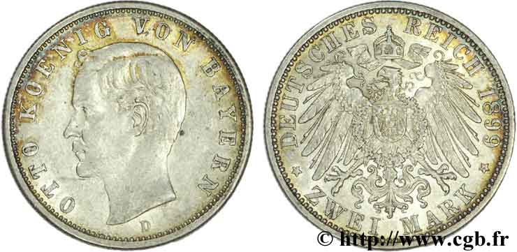 ALLEMAGNE - BAVIÈRE 2 Mark Royaume de Bavière Otto / aigle impérial 1899 Munich - D TTB+ 