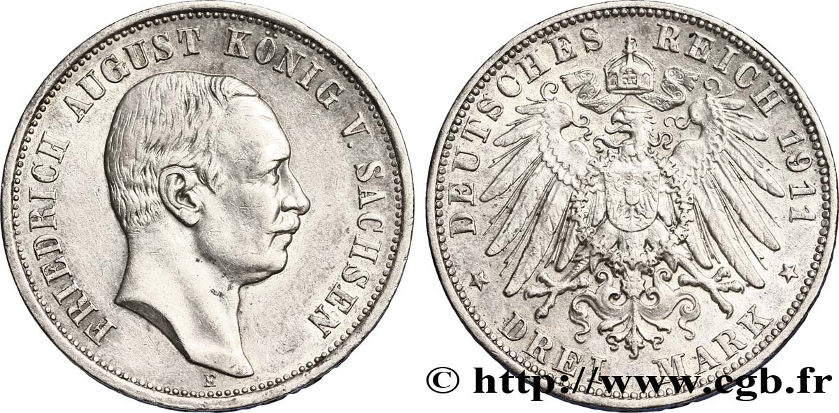 ALLEMAGNE - SAXE 3 Mark Royaume de Saxe Frédéric Auguste III / aigle 1911 Muldenhütten - E TTB 