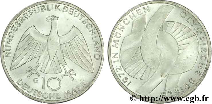 GERMANY 10 Mark XXe J.O. Munich : l’idéal olympique / aigle 1972 Karlsruhe - G AU 