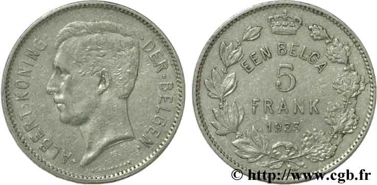 BELGIQUE 5 Francs (1 Belga) Albert Ier légende Flamande 1933  TB 