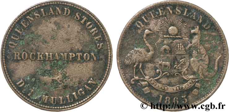 AUSTRALIE Token de 1 Penny publicitaire pour Mulligan, Rockhampton, Queensland / écu entre kangorou et émeu 1863  B+ 