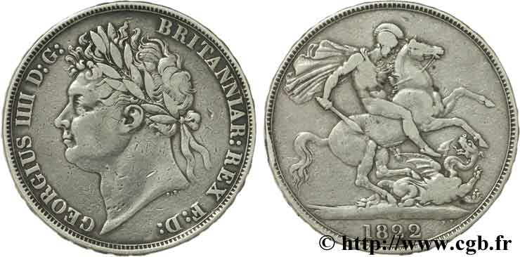 ROYAUME-UNI 1 Crown Georges IIII / St Georges terrassant le dragon variété “TERTIO” 1822  TB+ 