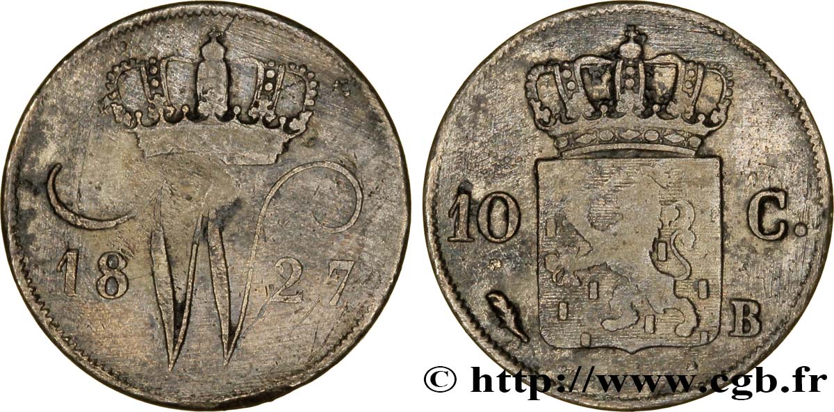 NETHERLANDS 10 Cents emblème monogramme de Guillaume Ier 1827 Bruxelles VF 
