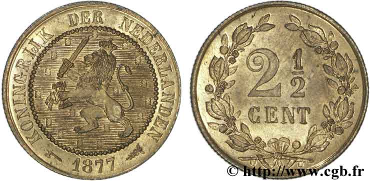 PAYS-BAS 2 1/2 Cents lion couronné 1877 Utrecht SPL 